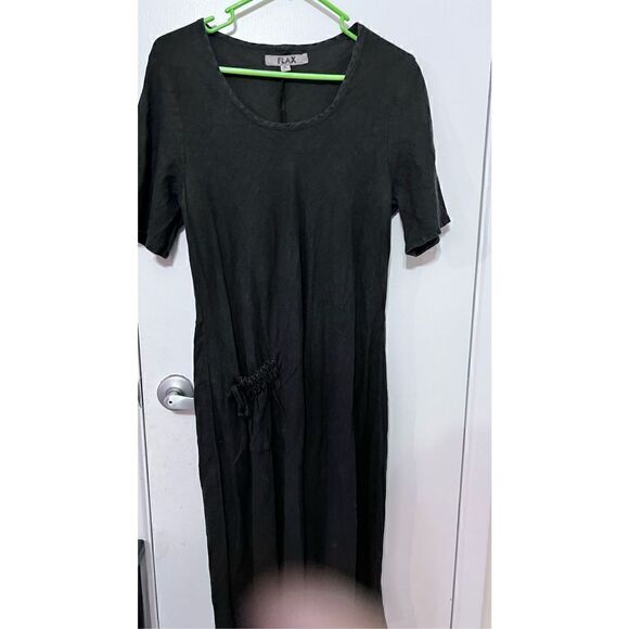 Flax Women's Linen Scoop Neck Short Sleeve Shift Dress In Solid Black Size Small - Picture 2 of 12